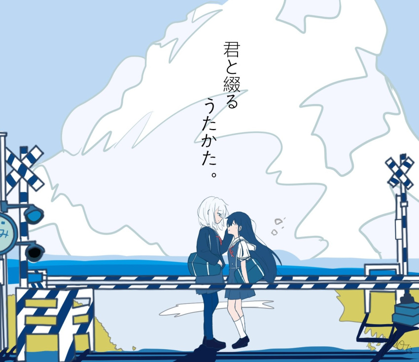 2girls asaka_kaori bag black_cardigan black_footwear blue_bag blue_dress blue_eyes blue_hair blue_theme blue_thighhighs cardigan chiochiiii closed_mouth cloud copyright_name couple dress eye_contact floating_hair hand_up highres hoshikawa_shizuku kimi_to_tsuzuru_utakata kneehighs loafers long_hair long_sleeves looking_at_another medium_hair mole mole_under_eye multiple_girls neck_ribbon no_shadow ocean open_cardigan open_clothes pinafore_dress pleated_dress railroad_crossing red_ribbon ribbon sailor_collar sailor_dress school_bag school_uniform shadow shirt shoes short_sleeves shoujo_rei_(vocaloid) shoulder_bag sidelocks signature sleeveless sleeveless_dress socks standing thighhighs translated white_hair white_sailor_collar white_shirt white_socks wide_shot yuri