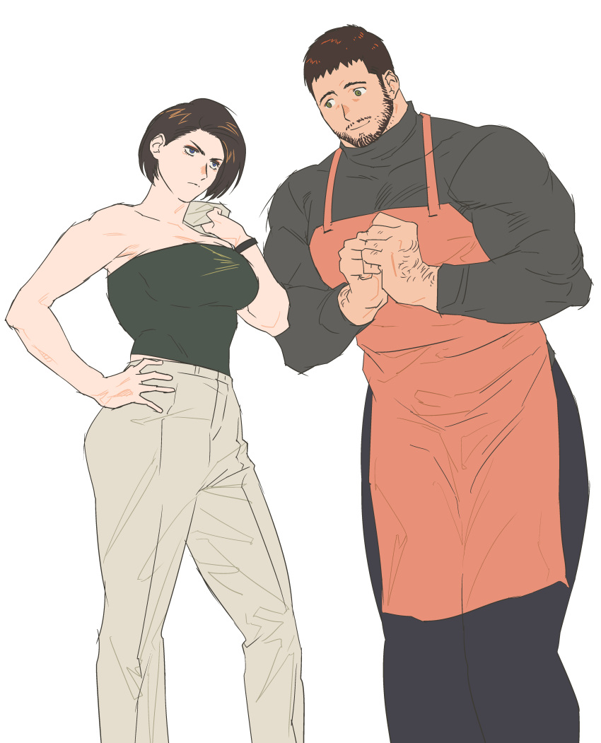 123456dyom 1boy 1girl absurdres apron bara black_hair black_pants black_shirt brown_apron brown_pants chris_redfield closed_mouth facial_hair highres jill_valentine large_pectorals looking_at_another muscular muscular_male pants pectorals resident_evil shirt short_hair simple_background smile white_background