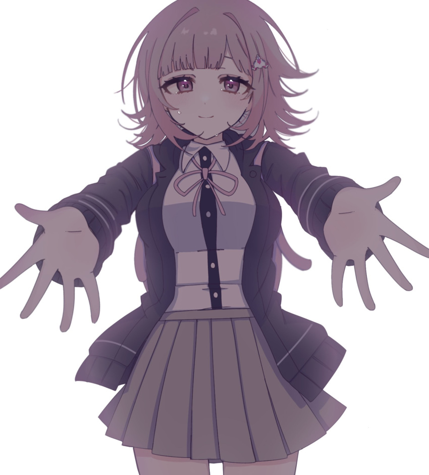 1girl backpack bag breasts chi_gu collared_shirt cowboy_shot danganronpa_(series) danganronpa_2:_goodbye_despair galaga hair_ornament highres long_sleeves looking_at_viewer medium_hair nanami_chiaki neck_ribbon outstretched_arms pink_eyes pink_hair pink_ribbon pleated_skirt reaching reaching_towards_viewer ribbon shirt shirt_tucked_in skirt smile solo spread_fingers white_background white_shirt