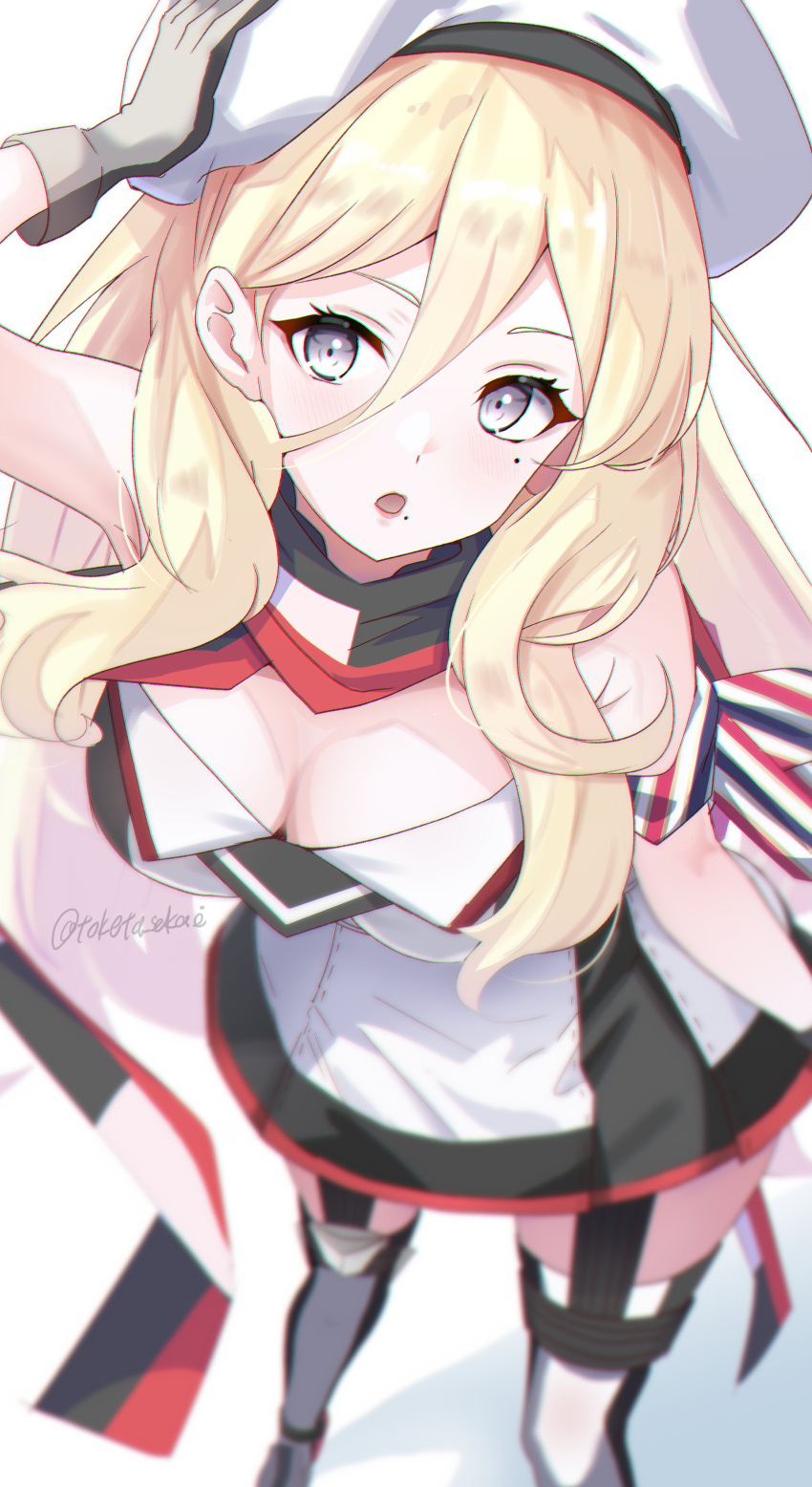 1girl absurdres beret blonde_hair blue_eyes blurry breasts cleavage depth_of_field dress feet_out_of_frame hair_between_eyes hat highres kantai_collection long_hair looking_at_viewer medium_breasts mole mole_under_eye mole_under_mouth multicolored_clothes multicolored_scarf open_mouth richelieu_(kancolle) scarf solo strapless strapless_dress toketa-sekai two-tone_legwear white_dress white_headwear