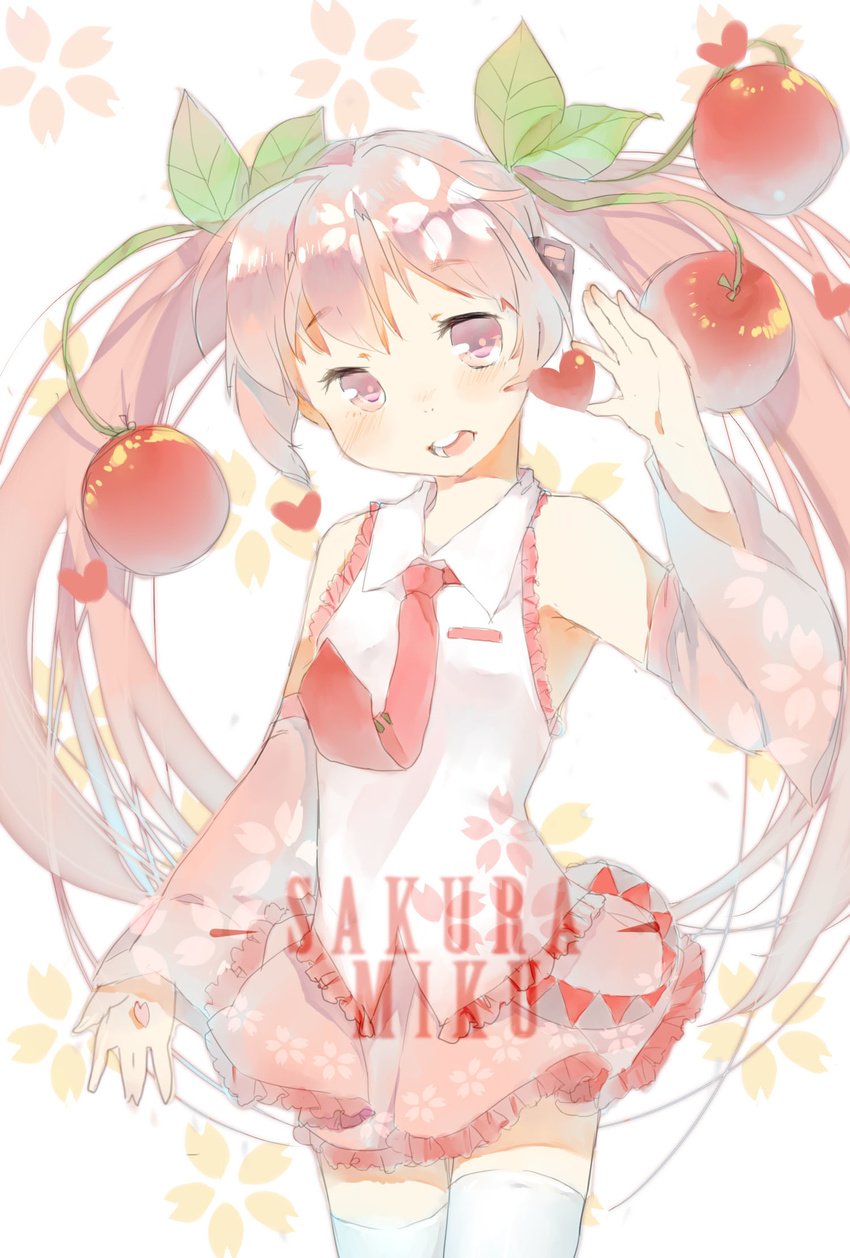 acidear bad_id bad_pixiv_id character_name cherry detached_sleeves food fruit hatsune_miku heart highres long_hair necktie petals pink_eyes pink_hair sakura_miku skirt solo thighhighs twintails very_long_hair vocaloid