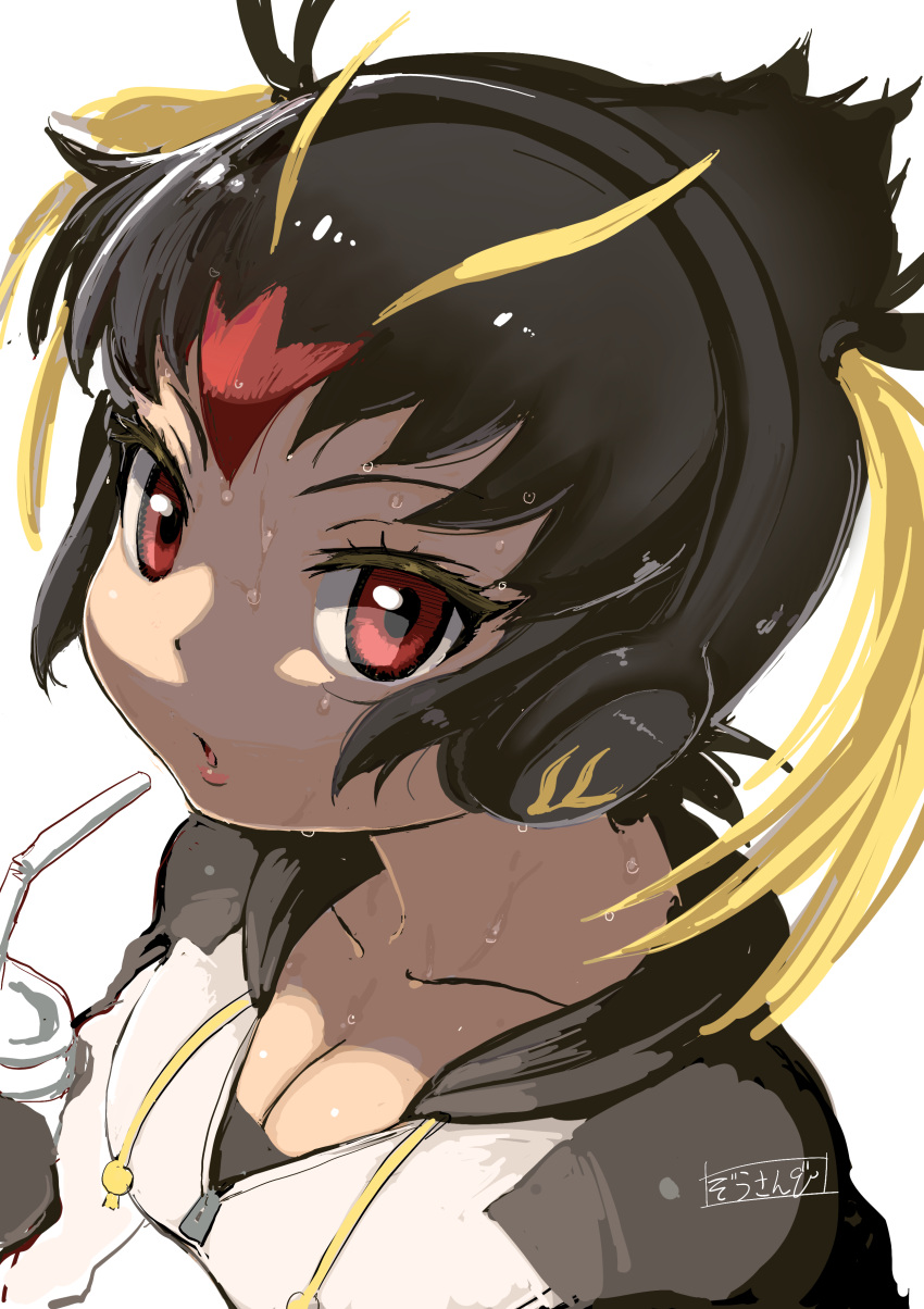 absurdres black_hair blonde_hair breasts cleavage hair_over_one_eye headphones highres hood hoodie jacket kemono_friends kemono_friends_2 kemono_friends_3 large_breasts looking_at_viewer masuyama_ryou multicolored_hair open_mouth red_eyes red_hair rockhopper_penguin_(kemono_friends) short_hair sweat twintails white_hair