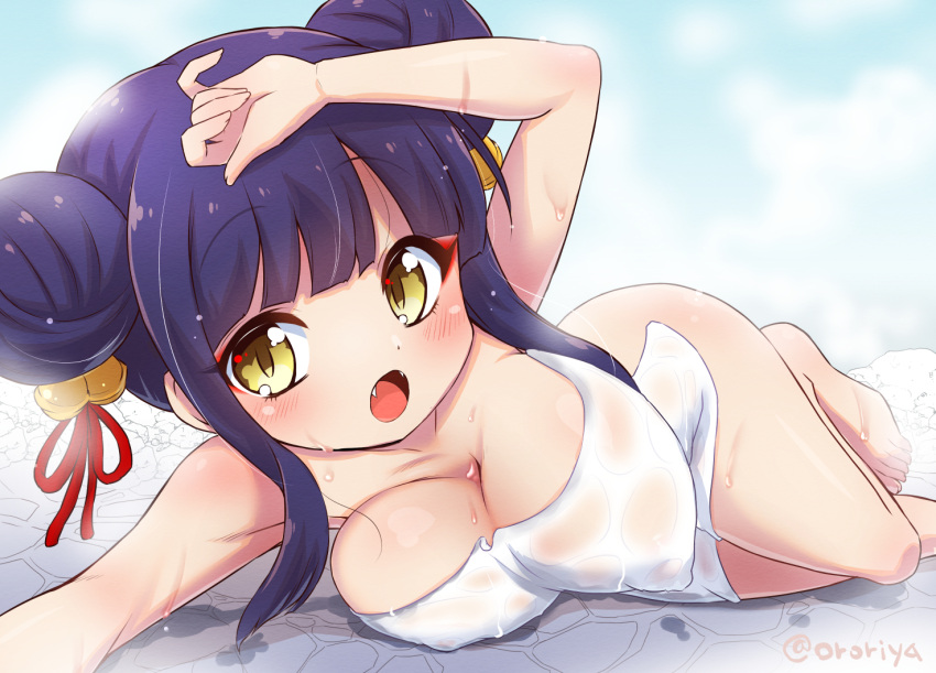 1girl bell blue_hair blush breasts cleavage double_bun fangs hair_bell hair_bun hair_ornament jashin-chan_dropkick kyon-kyon_(jashin-chan_dropkick) large_breasts looking_at_viewer muu_rian naked_towel onsen open_mouth solo towel yellow_eyes