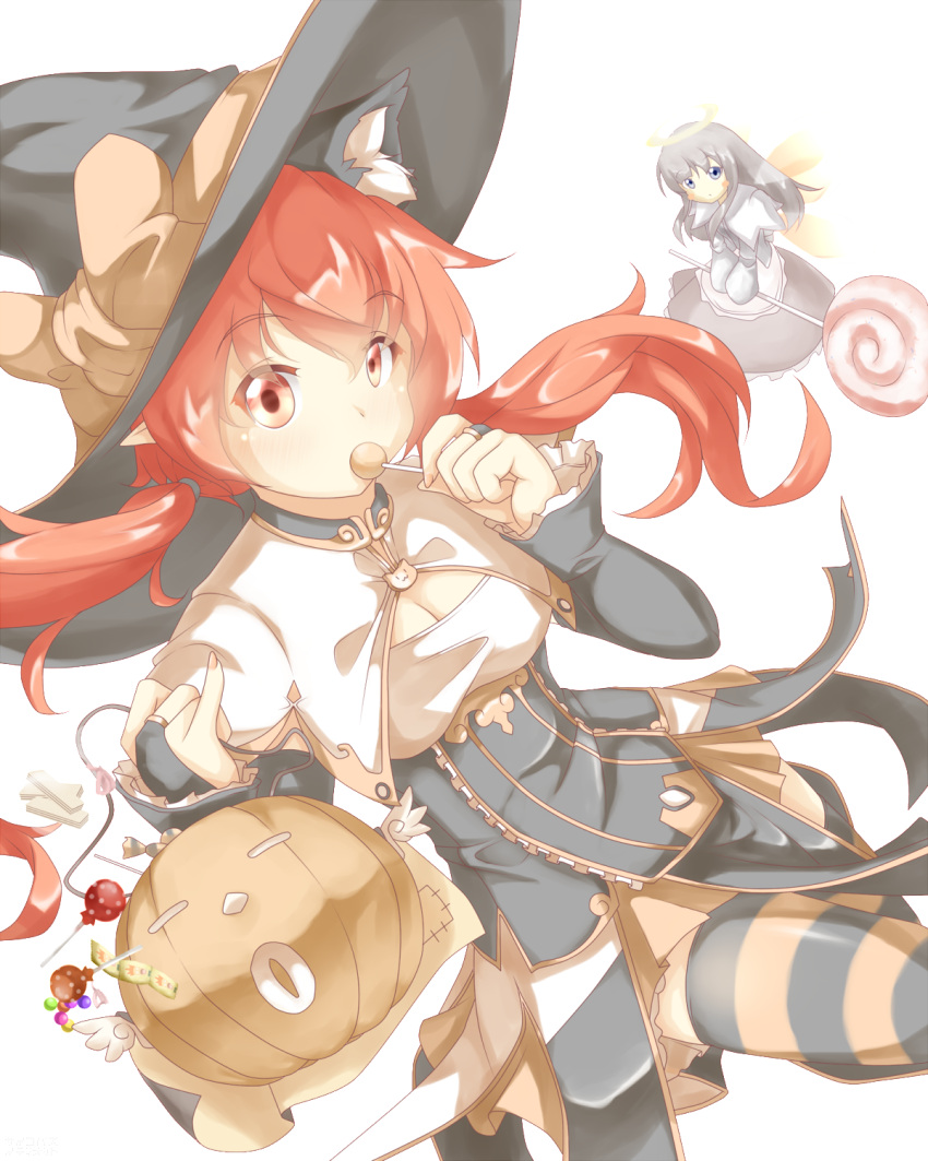 2girls alternate_hairstyle animal_ear_fluff animal_ears black_dress black_headwear black_thighhighs bow braid breasts candy capelet cat_ears cat_girl cleavage commentary_request dress extra_ears food food_in_mouth hair_bow halloween halloween_costume hat highres jack-o'-lantern kaenbyou_rin lollipop multiple_girls orange_bow orange_thighhighs psychopath_idiot red_eyes red_hair skull striped_clothes striped_thighhighs thighhighs touhou twin_braids variant_set white_capelet witch_hat zombie_fairy_(touhou)