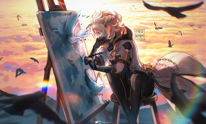 1boy above_clouds albedo_(genshin_impact) animal aqua_eyes art_brush artist_logo backlighting bird black_gloves black_pantyhose black_shorts blonde_hair blurry braid canvas_(object) chain chromatic_aberration cloud coat commentary concentrating covered_mouth dove easel elbow_gloves english_commentary evening fantasy from_side genshin_impact glint gloves gold highres holding holding_brush hood hood_down hooded_coat instagram_logo leaning lens_flare looking_at_object male_focus messy_hair on_stool outdoors paint_stains paintbrush painting_(action) pantyhose profile ryrmcher short_hair short_sleeves shorts signature sitting sky solo stool sunlight thinking twitter_logo watermark white_bird white_coat wind yellow_sky