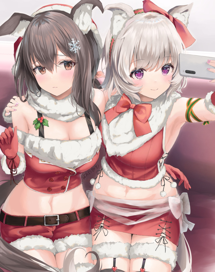 2girls admire_vega_(umamusume) animal_ears armpits bare_shoulders belt bow brown_belt brown_eyes brown_hair butterwabito cellphone christmas curren_chan_(umamusume) fur-trimmed_gloves fur-trimmed_legwear fur-trimmed_shirt fur-trimmed_shorts fur_trim garter_straps gloves hair_ornament hand_on_another's_shoulder hat highres horse_ears horse_girl horse_tail long_hair medium_hair microskirt midriff mistletoe multiple_girls phone pink_nails purple_eyes red_bow red_gloves red_shorts red_skirt santa_costume santa_gloves santa_hat selfie shirt shorts sitting skirt smartphone snowflake_hair_ornament tail taking_picture umamusume white_hair