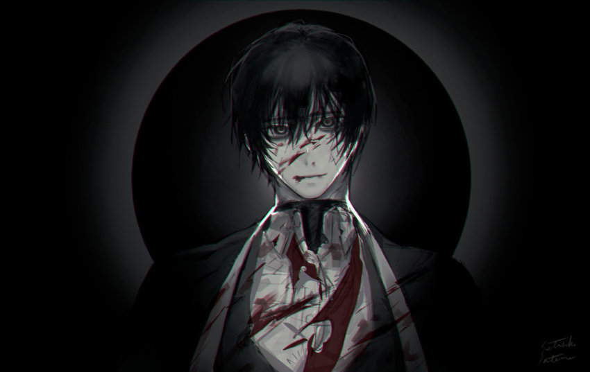 1boy black_eyes black_hair black_kimono black_vest blood blood_on_clothes blood_on_face closed_mouth collared_shirt eclipse japanese_clothes kimono limbus_company necktie open_clothes open_kimono project_moon red_necktie satome_setsuko shirt smile solo torn_clothes upper_body vest white_shirt yi_sang_(project_moon)