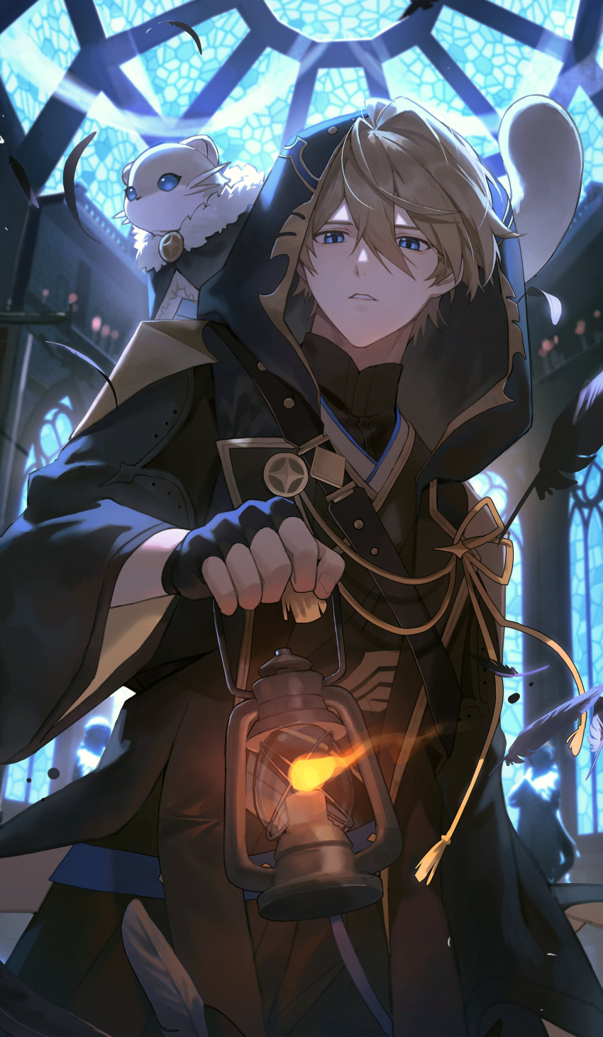 1boy absurdres animal_on_shoulder backlighting blonde_hair blue_eyes feathers ferret fingerless_gloves gloves hair_between_eyes highres hiyamaru holding holding_lantern holostars hood hood_up japanese_clothes kishido_temma lantern looking_at_viewer male_focus night parted_lips short_hair solo upper_body virtual_youtuber yonsang_(swordmaster)