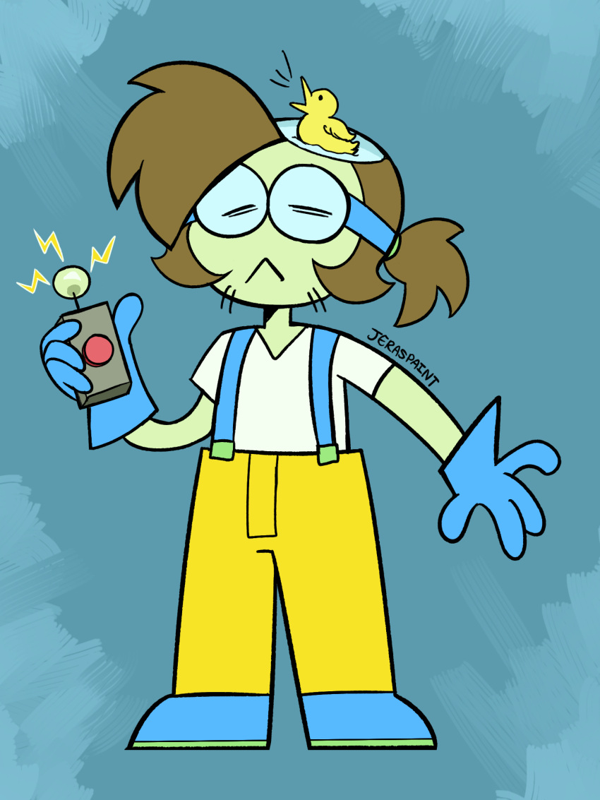 2020 aged_up ambiguous_gender anatid anseriform anthro artist_name asian_mythology avian bird blue_background blue_bottomwear blue_clothing blue_gloves blue_handwear blue_overalls blue_shorts bottomwear brown_hair cartoon_network clothing dendy_(ok_k.o.!_lbh) digital_drawing_(artwork) digital_media_(artwork) duck east_asian_mythology eyes_closed eyewear facial_hair gloves goggles green_body green_skin hair handwear hi_res holding_device holding_remote japanese_mythology jeraspaint kappa mouth_closed mythology ok_k.o.!_let's_be_heroes overalls pants ponytail shirt shorts signature simple_background solo standing topwear white_clothing white_shirt white_topwear yellow_bottomwear yellow_clothing yellow_pants yokai