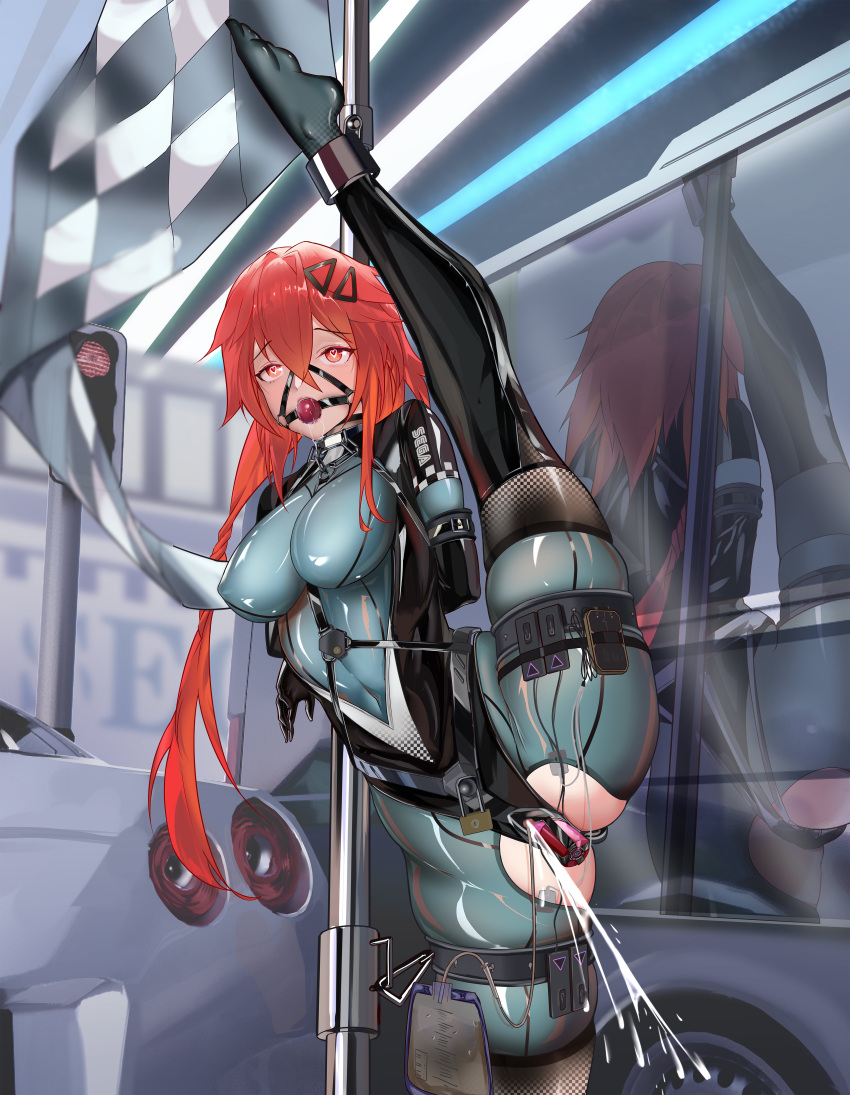 1girl absurdres ball_gag bdsm blue_bodysuit bodysuit bound breasts bus car checkered_flag commission egg_vibrator flag gag hair_ornament hairclip heart heart-shaped_pupils high_heels highres latex long_hair maho_shi_ma medium_breasts motor_vehicle neptune_(series) orange_eyes red_eyes red_hair reflection remote_control_vibrator restrained second-party_source sex_toy shin_jigen_game_neptune_vii solo split standing standing_on_one_leg standing_split stripper_pole symbol-shaped_pupils tennouboshi_uzume twintails very_long_hair vibrator