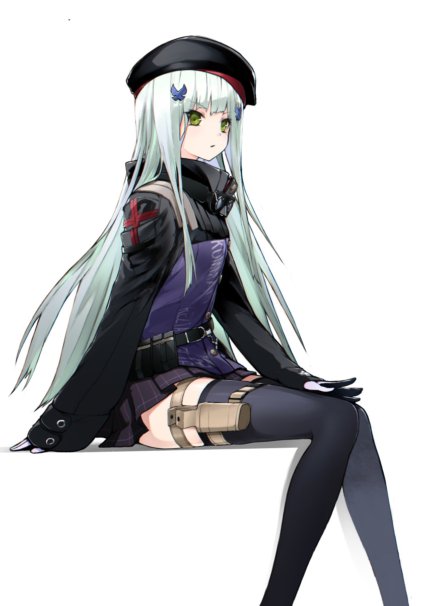 1girl absurdres aizawa_masaya belt beret black_thighhighs buttons character_name commentary_request copyright_name eyes_visible_through_hair girls'_frontline gloves green_eyes hair_ornament hat highres hk416_(girls'_frontline) holster jacket long_hair long_sleeves looking_to_the_side military_jacket parted_lips simple_background sitting skirt solo thigh_holster thighhighs transparent_background very_long_hair white_hair