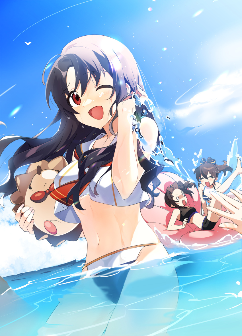 1other 3girls absurdres ap_bar bare_shoulders barefoot bikini black_bikini black_hair blank_eyes blue_bikini blue_ribbon blue_sky blush bow breasts brown_hair cleavage closed_eyes cloud collarbone day dot_nose drill_hair hair_bow hair_ribbon hand_up hariko_(idolmaster) highres holding idolmaster idolmaster_million_live! idolmaster_million_live!_theater_days inflatable_raft large_breasts leg_up long_hair looking_at_viewer medium_breasts multiple_girls navel neckerchief ocean one_eye_closed open_mouth outdoors partially_submerged ponytail rainbow_gradient red_eyes red_neckerchief ribbon satake_minako side_drill side_ponytail sidelocks sky smile splashing striped_bikini striped_clothes swimsuit takayama_sayoko wet white_bikini yokoyama_nao