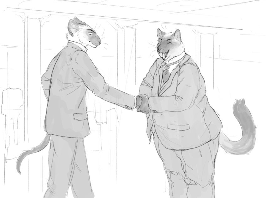 anthro cettus clothing domestic_cat double_chin duo felid feline felis gesture handshake hi_res karras_lafontaine male male/male mammal overweight overweight_male reuben_(derpoomer) siamese suit whaleoil1