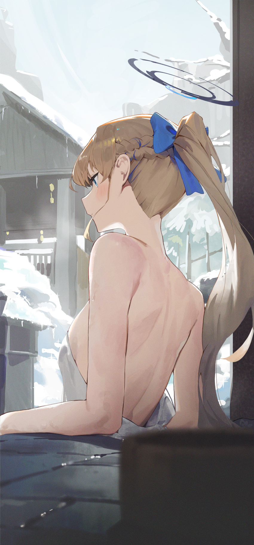 1girl absurdres back blonde_hair blue_archive blue_eyes blue_hair blue_halo blush breasts closed_mouth day halo highres kji_(rozo) long_hair medium_breasts multicolored_hair naked_towel outdoors snow solo stone_lantern streaked_hair toki_(blue_archive) towel upper_body white_towel