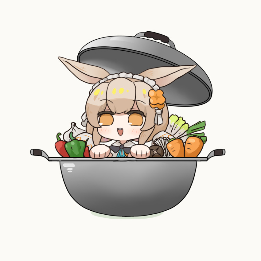 1girl :d animal_ears arknights bell_pepper brown_eyes brown_hair carrot chibi chili_pepper commentary_request daoshi_niang_lan_er flower garlic grey_background hair_flower hair_ornament hands_up highres in_pot maid_headdress orange_flower simple_background smile solo spring_onion warmy_(arknights)