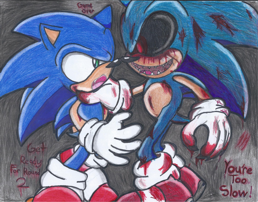 anthro asphyxiation blood blue_body blue_fur bodily_fluids choking clothing creepy creepypasta demonic dialogue duo english_text eulipotyphlan footwear fur gloves green_eyes handwear hedgehog hi_res horror_(theme) male mammal nightmare_fuel red_eyes sega shadrico_(artist) shoes sonic.exe sonic.exe_(creepypasta) sonic_the_hedgehog sonic_the_hedgehog_(series) text traditional_media_(artwork)