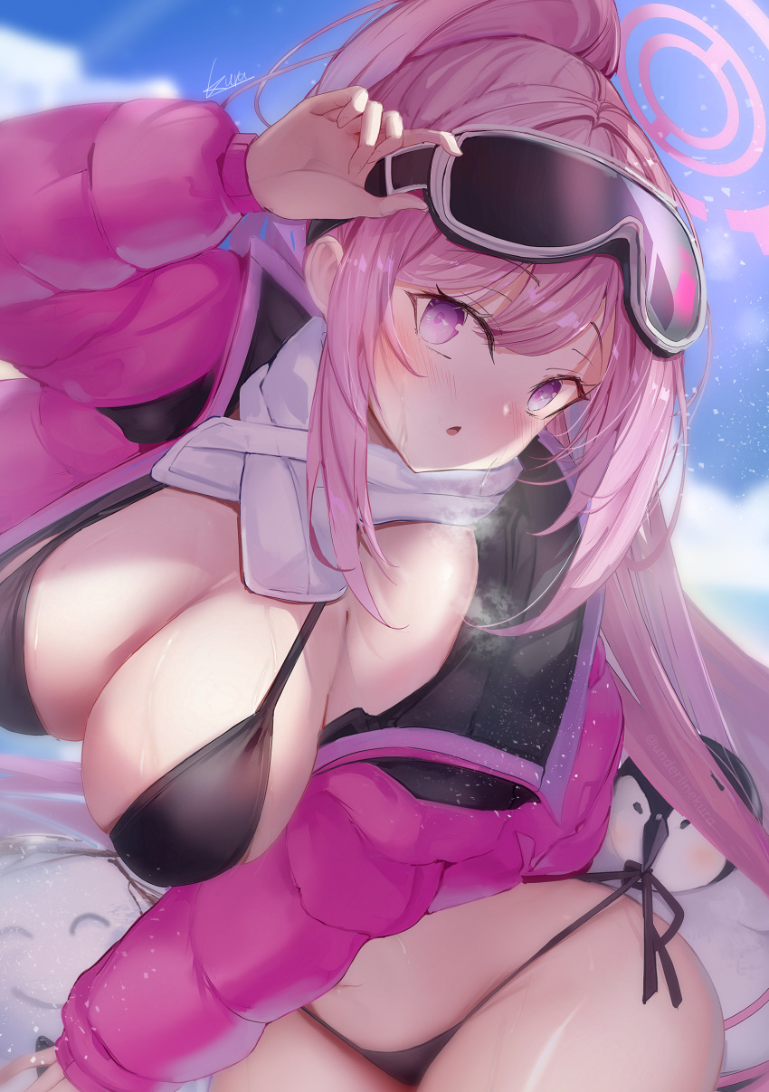 1girl :o absurdres adjusting_eyewear bikini bird black_bikini blue_archive blush breasts breath cleavage day doodle_sensei_(blue_archive) down_jacket eimi_(blue_archive) eimi_(swimsuit)_(blue_archive) glacier goggles goggles_on_head halo highres jacket large_breasts long_hair long_sleeves looking_at_viewer official_alternate_costume open_clothes open_jacket outdoors padded_jacket penguin pink_eyes pink_hair pink_halo pink_jacket ponytail purple_eyes scarf sensei_(blue_archive) side-tie_bikini_bottom sideboob signature ski_goggles skindentation snowing solo_focus swept_bangs swimsuit thighs untying very_long_hair wet white_scarf xiahuaxian_cang