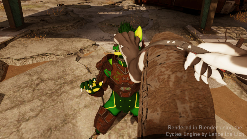 16:9 ambiguous_gender anthro armor bethesda_softworks canid canine canis duo english_text fallout feet female foot_fetish foot_focus foot_lick foot_on_face foot_play hairy_pussy hi_res lance_barrowpaw lance_the_lich leash leash_pull lich licking male male/female male/male mammal pawpads paws pubes raider_(fallout) text tongue tongue_out undead wasteland widescreen wolf