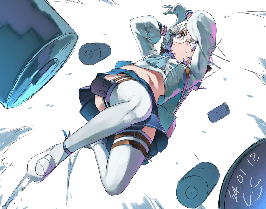 1girl aqua_neckerchief blue_neckerchief blue_sailor_collar blue_skirt brown_eyes dated depth_charge gegeron glasses gloves grey_hair hat highres hirato_(kancolle) kantai_collection long_sleeves machinery neckerchief pleated_skirt sailor_collar sailor_hat school_uniform serafuku short_hair signature skirt smokestack solo thighhighs wavy_hair white_gloves white_headwear white_thighhighs