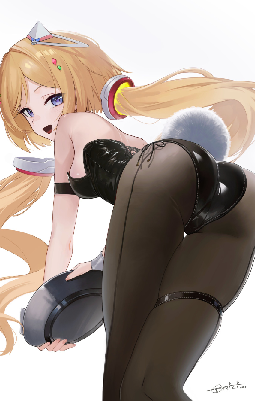 1girl absurdres aki_rosenthal anizi arm_strap artist_name ass backless_leotard bare_shoulders bent_over black_leotard black_pantyhose blonde_hair blue_eyes breasts commentary_request detached_hair fake_tail fingernails headgear highres holding holding_tray hololive leotard long_fingernails looking_at_viewer looking_back low_twintails medium_breasts open_mouth pantyhose parted_bangs playboy_bunny rabbit_tail revision side-tie_leotard simple_background skindentation smile solo strapless strapless_leotard tail thigh_gap thigh_strap tray twintails virtual_youtuber white_background white_wrist_cuffs wrist_cuffs