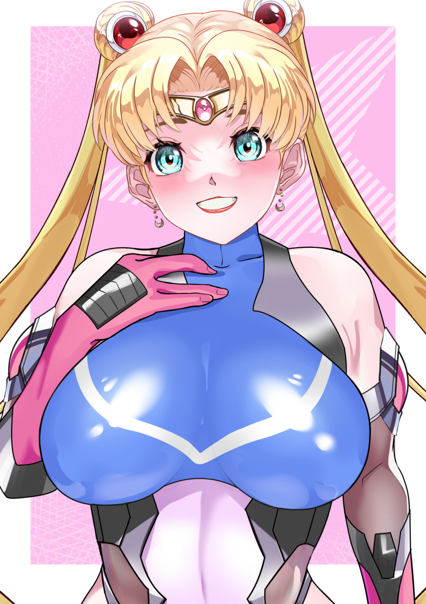 1girl absurdres arion_canvas bishoujo_senshi_sailor_moon blonde_hair blue_eyes bodysuit breasts double_bun gloves hair_bun highres large_breasts long_hair looking_at_viewer magical_girl sailor_moon skin_tight solo taimanin_(series) taimanin_suit tsukino_usagi twintails