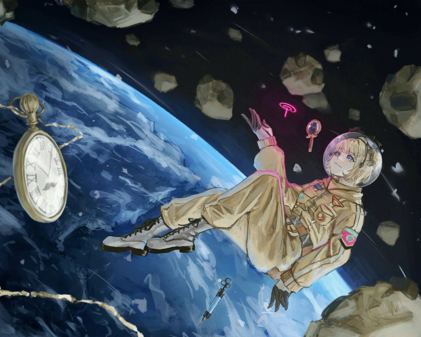 1girl astronaut blonde_hair blue_eyes boots closed_mouth earth_(planet) english_commentary floating full_body gloves glowing highres hololive hololive_english limiter_(tsukumo_sana) magnifying_glass meteor_shower official_alternate_costume planet reaching short_hair smile solo_focus space spacesuit stopwatch tablicoart tsukumo_sana virtual_youtuber watson_amelia watson_amelia_(astronaut)