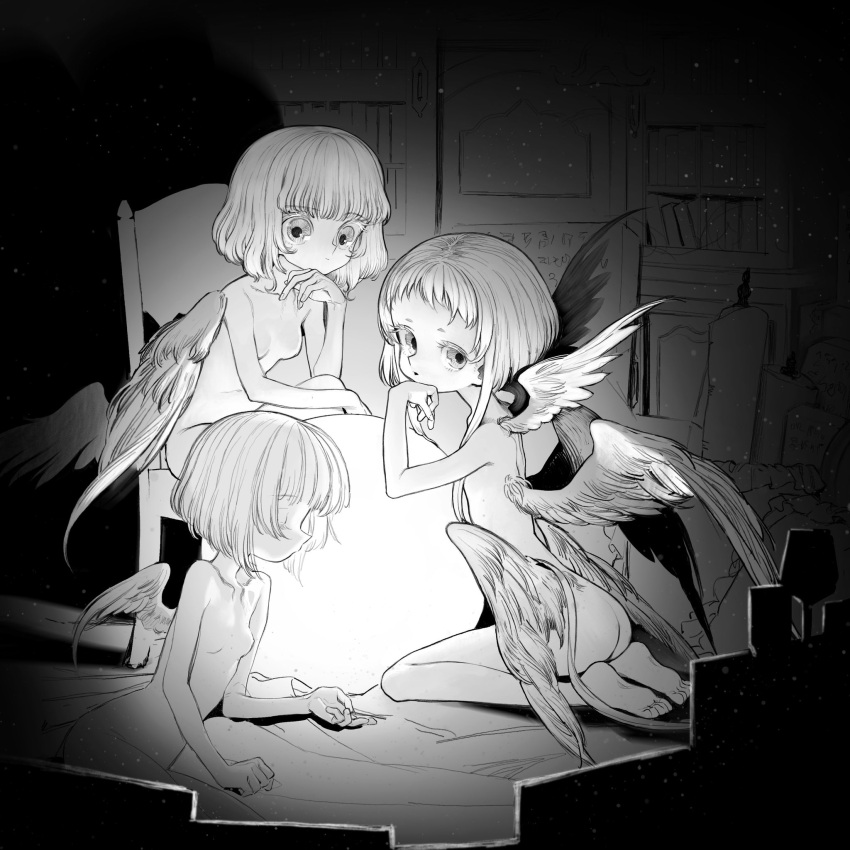 3girls angel angel_wings ass barefoot breasts chair completely_nude expressionless feathered_wings greyscale highres indoors kaede_(shijie_heping) light light_particles looking_at_viewer monochrome multiple_girls multiple_wings nude orb original seraph short_hair sitting small_breasts wings