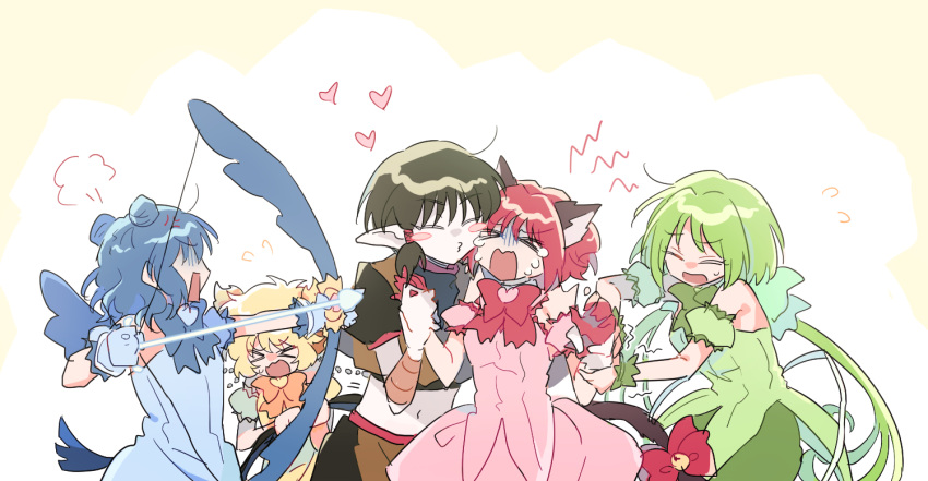 &gt;_&lt; 1boy 4girls aizawa_mint animal_ears arm_grab blonde_hair blue_hair bow_(weapon) cat_ears cat_girl cat_tail closed_eyes commentary_request crying fong_pudding gloves green_hair hetero hs1122 magical_girl mew_ichigo mew_lettuce mew_mint mew_pudding midorikawa_lettuce momomiya_ichigo multiple_girls o3o pale_skin pink_hair quiche_(tokyo_mew_mew) tail tokyo_mew_mew weapon