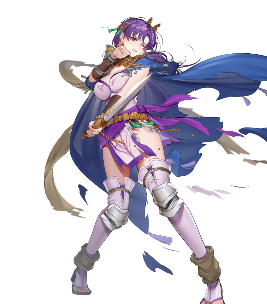 1girl cape damaged earrings fire_emblem fire_emblem:_the_binding_blade fire_emblem_heroes hanusu highres holding holding_sword holding_weapon jewelry juno_(fire_emblem) juno_(nimble_grace)_(fire_emblem) non-web_source official_art one_eye_closed pelvic_curtain ponytail purple_eyes purple_hair simple_background solo sword tassel tassel_earrings torn_cape torn_clothes weapon white_background