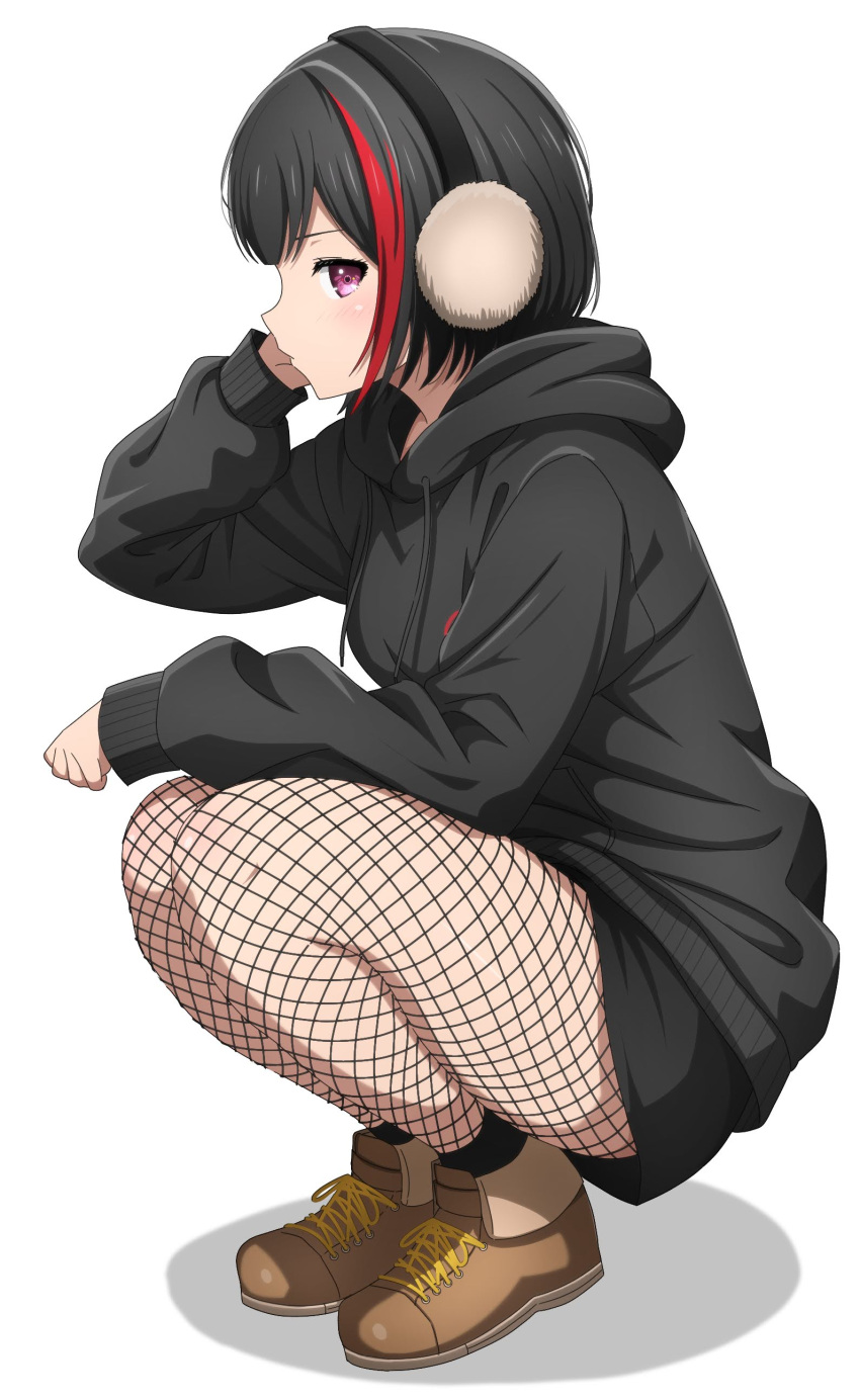1girl absurdres arm_on_thigh bang_dream! black_hair black_hoodie black_pantyhose black_shorts brown_footwear closed_mouth commentary drawstring earmuffs fishnet_pantyhose fishnets from_side full_body hand_up highres hood hood_down hoodie legs_together light_blush long_sleeves looking_at_viewer looking_to_the_side mitake_ran multicolored_hair noshimurin pantyhose profile purple_eyes red_hair shoes short_hair shorts sideways_glance simple_background solo squatting streaked_hair two-tone_hair white_background