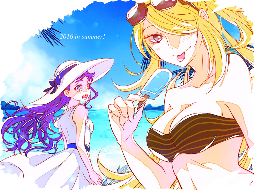 2girls beach bikini blonde_hair blue_eyes blue_sky bow brown_hair cynthia_(pokemon) diantha_(pokemon) dress food grey_eyes hair_down hat hat_bow ivory_(25680nico) long_hair looking_at_viewer multiple_girls pokemon pokemon_dppt pokemon_xy popsicle sky summer sun_hat sundress sunglasses swimsuit tongue tongue_out very_long_hair white_dress