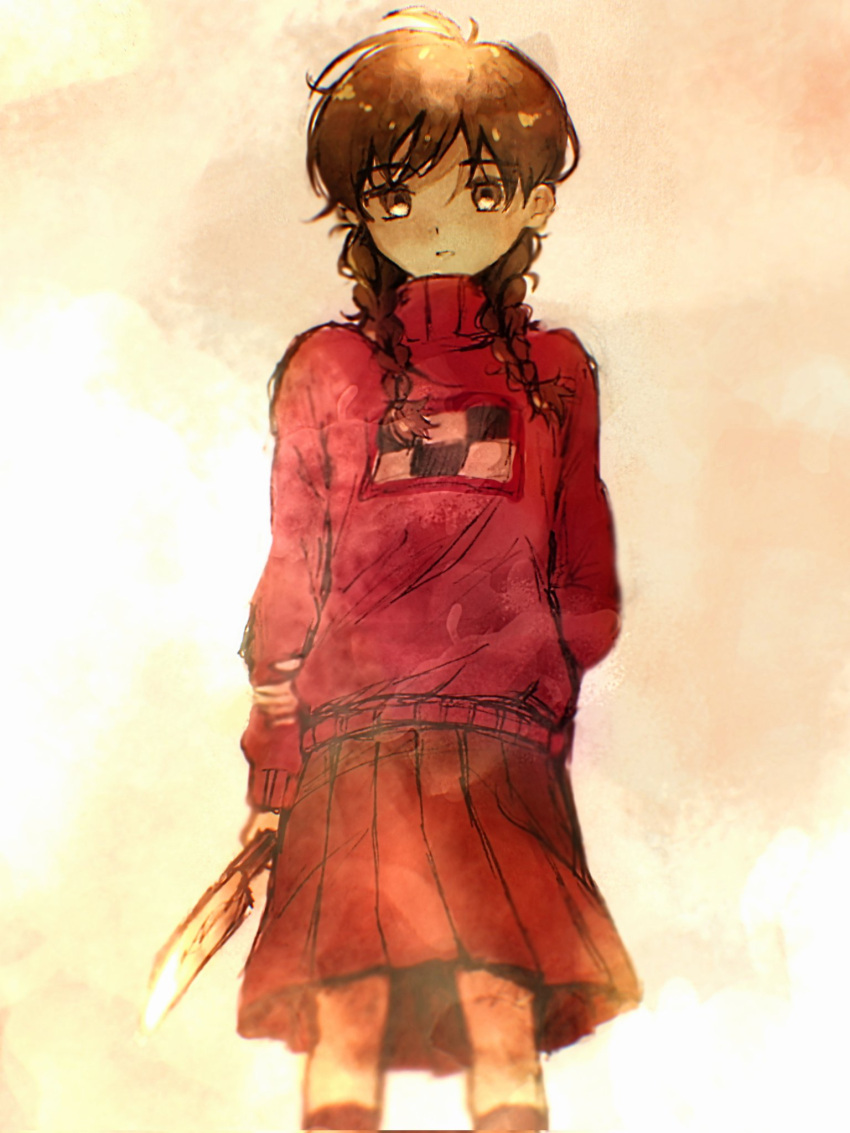 1girl braid brown_eyes brown_hair highres holding knife long_hair long_sleeves looking_at_viewer madotsuki pink_sweater red_skirt skirt socks solo sweater turtleneck twin_braids twintails yume_nikki yuto_(ayakiyuto)