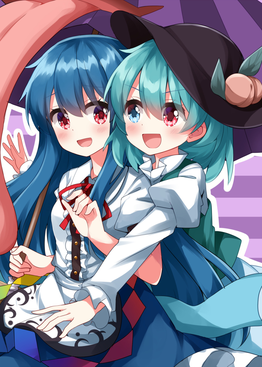 2girls alternate_headwear aqua_hair aqua_vest black_headwear blue_eyes blue_hair blush commentary_request food fruit fruit_hat_ornament hat heterochromia highres hinanawi_tenshi holding holding_umbrella hug hug_from_behind karakasa_obake leaf leaf_hat_ornament long_hair long_sleeves multiple_girls neck_ribbon no_headwear open_mouth peach peach_hat_ornament puffy_short_sleeves puffy_sleeves purple_umbrella rainbow_gradient red_eyes red_ribbon ribbon ruu_(tksymkw) short_sleeves skirt smile tatara_kogasa touhou umbrella very_long_hair vest