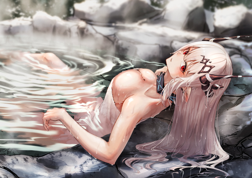 absurdres arknights bathing breasts choker collarbone covering_privates earrings hair_ornament highres horns infection_monitor_(arknights) jewelry kuromu large_breasts light_blush long_hair looking_at_viewer mudrock_(arknights) naked_towel nude_cover onsen partially_submerged pointy_ears red_eyes rock sitting steam towel water water_drop wet wet_towel white_hair