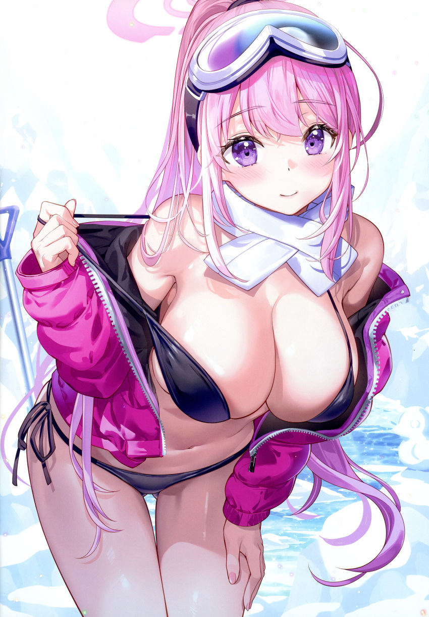 1girl absurdres bare_shoulders bikini blue_archive blush breasts cleavage closed_mouth eimi_(blue_archive) eimi_(swimsuit)_(blue_archive) fingernails floating floating_object fujima_takuya goggles goggles_on_head halo highres jacket large_breasts leaning_forward long_hair looking_at_viewer navel open_clothes open_jacket pink_hair ponytail pulled_by_self purple_eyes scan scarf shiny_skin side-tie_bikini_bottom sidelocks smile stomach swimsuit thighs zipper zipper_pull_tab