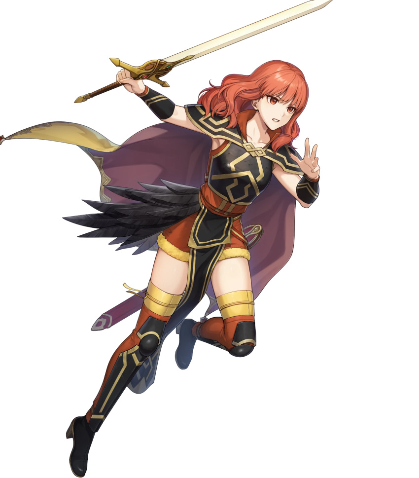 1girl attack black_footwear boots breasts cape celica_(fire_emblem) celica_(warrior_princess)_(fire_emblem) celica_(warrior_princess)_(resplendent)_(fire_emblem) fire_emblem fire_emblem_echoes:_shadows_of_valentia fire_emblem_heroes highres holding holding_sword holding_weapon medium_breasts medium_hair non-web_source official_alternate_costume official_art pelvic_curtain red_eyes red_hair running shoulder_pads solo sword teeth thigh_boots wavy_hair weapon yellow_cape