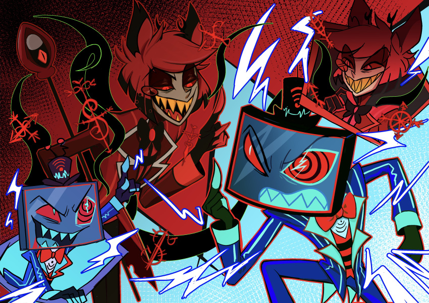 2boys absurdres alastor_(hazbin_hotel) animal_ears black_headwear blue_teeth bow bowtie circle_facial_mark coat colored_sclera colored_skin deer_boy deer_ears demon demon_boy dress gainen_chang gloves grin hat hazbin_hotel highres holding jacket male_focus microphone monocle multiple_boys open_mouth red_eyes red_hair red_sclera red_suit sharp_teeth short_hair signal_bar smile solid_eye striped_clothes striped_coat striped_vest suit teeth tentacles top_hat traditional_bowtie two-tone_hat vertical-striped_clothes vertical-striped_vest vest vintage_microphone vox_(hazbin_hotel) yellow_teeth
