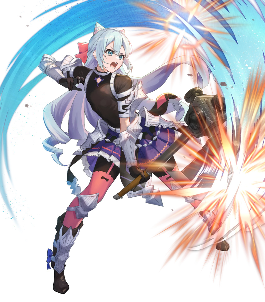 1boy ankle_ribbon attack axe black_gloves black_shirt blue_ribbon cone_hair_bun double_bun drill drill_hair fire_emblem fire_emblem_engage fire_emblem_heroes gloves hair_bun hair_ribbon highres holding holding_axe knee_guards leg_ribbon long_hair non-web_source official_art open_mouth otoko_no_ko pink_ribbon pleated_skirt ribbon rosado_(fire_emblem) shirt skirt solo sparks v-shaped_eyebrows very_long_hair white_hair