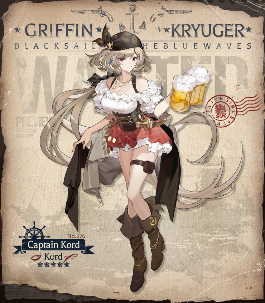 1girl alcohol anchor_ornament artist_request bandana beer beer_mug black_bandana black_ribbon boots breasts brown_corset brown_footwear brown_hair character_name closed_mouth commentary copyright_name corset cup dagger dirndl english_commentary full_body german_clothes girls'_frontline hair_ribbon high_heel_boots high_heels highres holding holding_cup jewelry knife kord_(captain_kord)_(girls'_frontline) kord_(girls'_frontline) large_breasts light_brown_hair long_hair looking_at_viewer mug necklace off-shoulder_shirt off_shoulder official_alternate_costume official_art plaid plaid_skirt poster_(object) red_eyes red_skirt ribbon second-party_source sheath shirt skirt smile solo stamp_mark standing star_(symbol) thigh_pouch very_long_hair wanted weapon