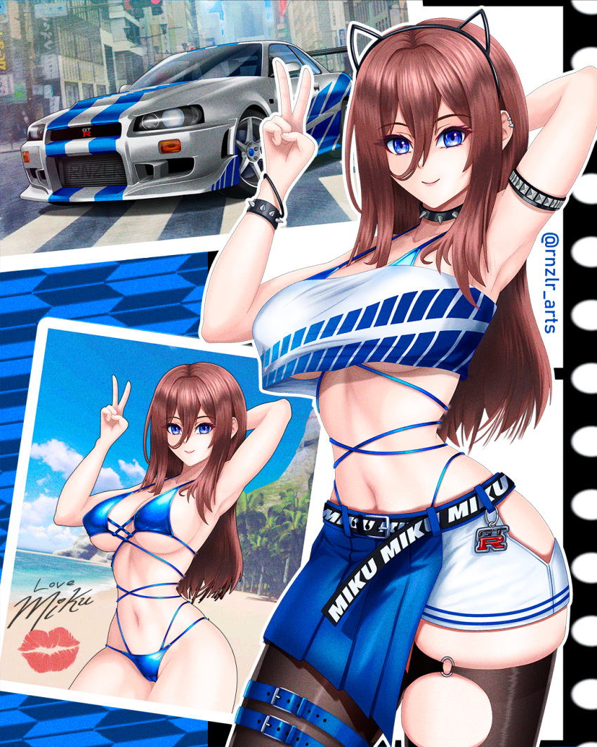 1girl 2_fast_2_furious animal_ears arm_strap armpits bike_shorts_under_skirt bikini black_thighhighs blue_bikini blue_eyes blue_skirt brown_hair car cat_ears cropped_shirt english_commentary fake_animal_ears go-toubun_no_hanayome hair_behind_ear hair_between_eyes highres imrinzlergtz_art lipstick_mark looking_at_viewer midriff motor_vehicle nakano_miku navel nissan nissan_skyline nissan_skyline_gt-r nissan_skyline_r34 photo_(object) shadow shirt skindentation skirt spoiler_(automobile) swimsuit the_fast_and_the_furious thighhighs twitter_username v vehicle_focus white_shirt