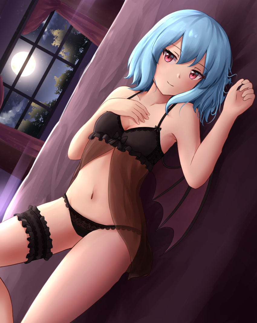 1girl babydoll bare_arms bare_shoulders bat_wings black_babydoll black_panties blue_hair bridal_garter closed_mouth cloud commentary commission english_commentary full_moon hand_on_own_chest highres kuneamorai lingerie looking_at_viewer lying medium_hair midriff mixed-language_commentary moon night night_sky no_headwear on_back panties pink_eyes red_curtains remilia_scarlet sky smile solo star_(sky) touhou tree underwear window wings