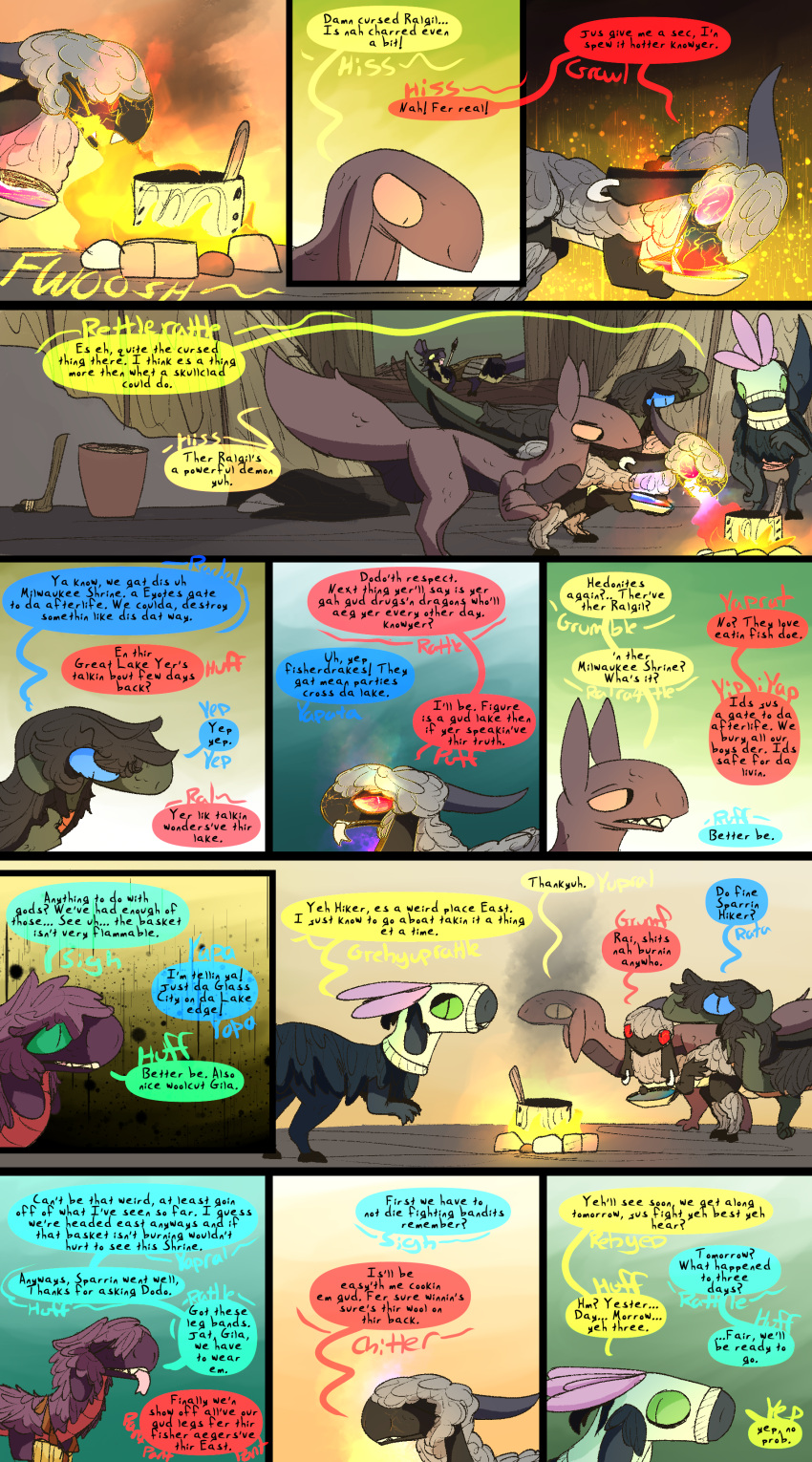 absurd_res campfire comic dialogue dinosaur dodo_(thepatchedragon) doerate_(thepatchedragon) dragon dragonscape drekir dromaeosaurid elemental_manipulation fantasy female feral fire fire_manipulation gila_(thepatchedragon) group hi_res hiker_(thepatchedragon) jat_(thepatchedragon) male post-apocalyptic reptile scalie text thepatchedragon theropod tribal village