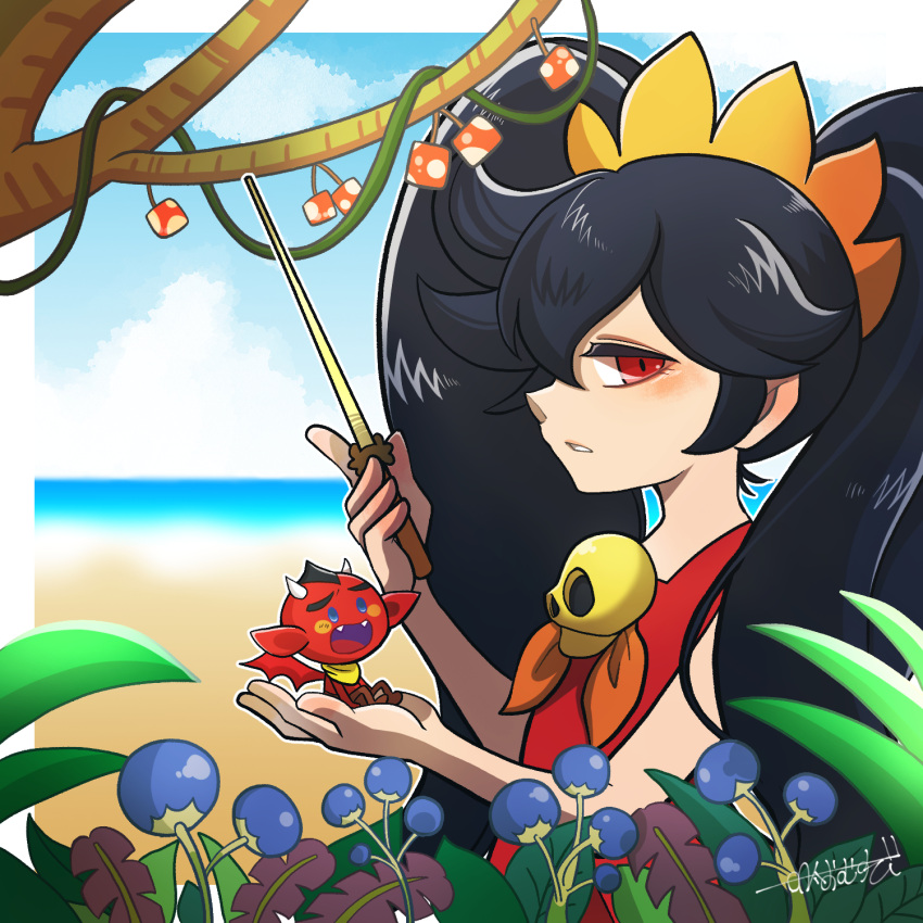 1boy 1girl ashley_(warioware) beach berry black_hair blue_sky demon dress fangs highres holding holding_wand long_hair ocean omu_(sinsindan) open_mouth parted_lips red_(warioware) red_dress red_eyes skull_ornament sky twintails wand warioware warioware:_move_it!