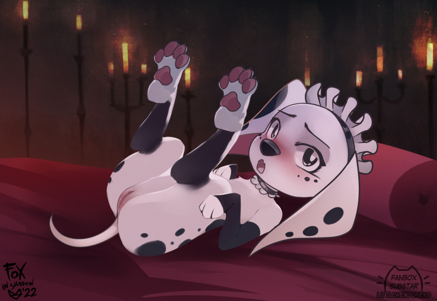 101_dalmatian_street 101_dalmatians 2022 bed big_ears black_eyes black_nose black_spots blush bolster_pillow candelabra candlelight candlestick canid canine canis clitoris dalmatian detailed_background digitigrade disney dolly_(101_dalmatians) domestic_dog female feral floppy_ears frilly_choker full-length_portrait furniture genitals hi_res humanoid_genitalia humanoid_pussy inside leg_markings legs_up light looking_at_viewer lying maid_headdress mammal markings on_back on_bed open_mouth pawpads pink_pawpads portrait presenting presenting_pussy pussy socks_(marking) solo spots zero-sum