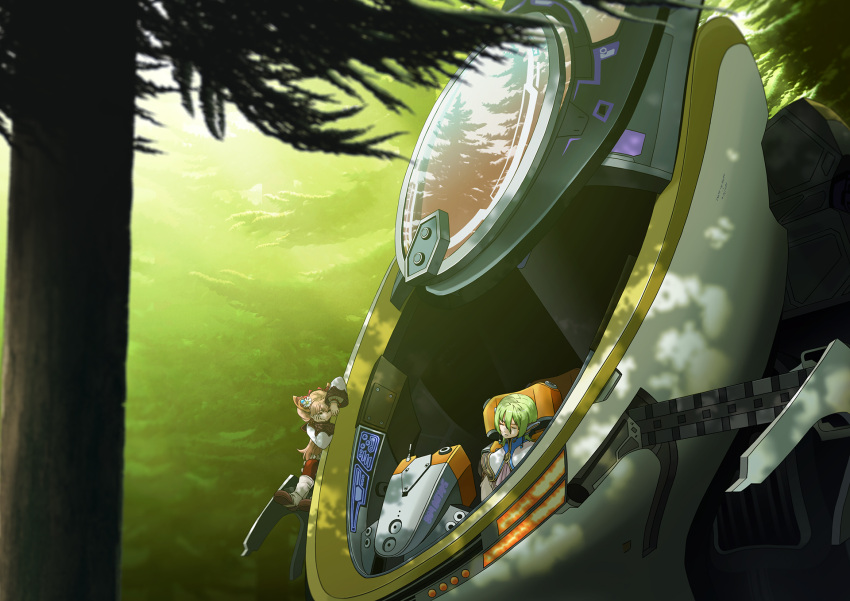 1boy 1girl boots closed_eyes dappled_sunlight earrings faize_scheifa_beleth green_hair hair_between_eyes highres jewelry light_brown_hair long_hair looking_at_another lymle_lemuri_phi pointy_ears short_hair sitting sleeping spacecraft star_ocean star_ocean_the_last_hope sunlight tree twintails