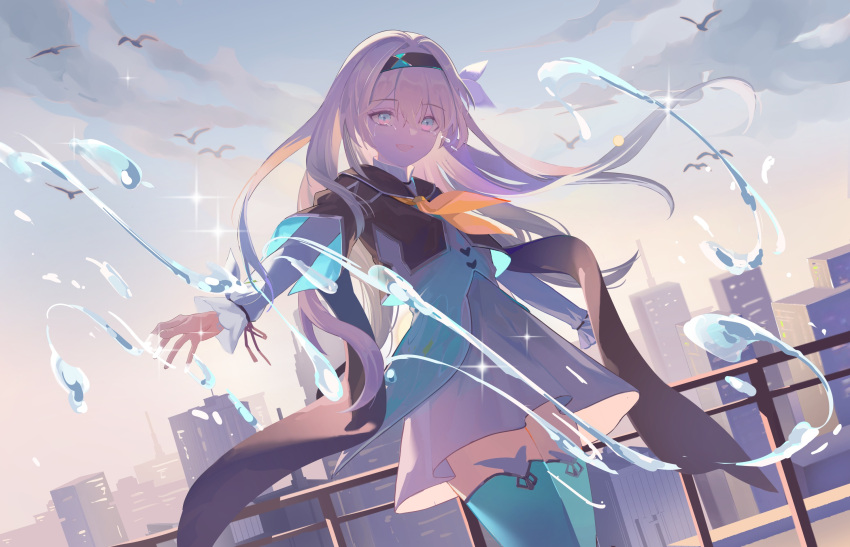 1girl black_cape black_hairband black_jacket blue_thighhighs cape city cloud collared_shirt cowboy_shot cropped_jacket day dutch_angle firefly_(honkai:_star_rail) floating_hair grey_skirt hair_intakes hairband highres honkai:_star_rail honkai_(series) jacket long_hair long_sleeves looking_at_viewer neckerchief orange_neckerchief otowa outdoors outstretched_arm pleated_skirt railing shirt simple_bird skirt solo sparkle thighhighs water white_shirt zettai_ryouiki