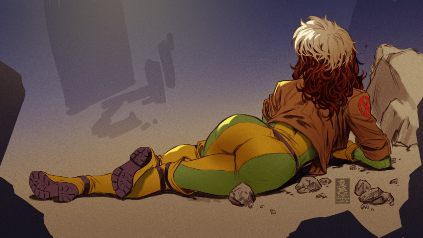 1girl ass belt bodysuit boots brown_hair brown_jacket commentary cropped_jacket from_behind full_body jacket logo long_hair lying mark_brooks marvel multicolored_hair on_side rogue_(x-men) signature skin_tight sleeves_rolled_up solo thigh_boots white_hair x-men yellow_footwear