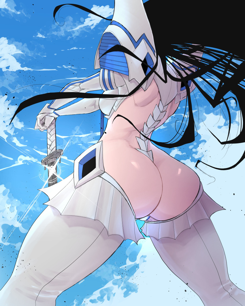 1girl absurdres ass black_hair blue_sky breasts day elbow_gloves facing_away from_behind gloves highres junketsu katana kill_la_kill kiryuuin_satsuki limn044 long_hair revealing_clothes shiny_skin sky solo spread_legs standing sword thighhighs weapon