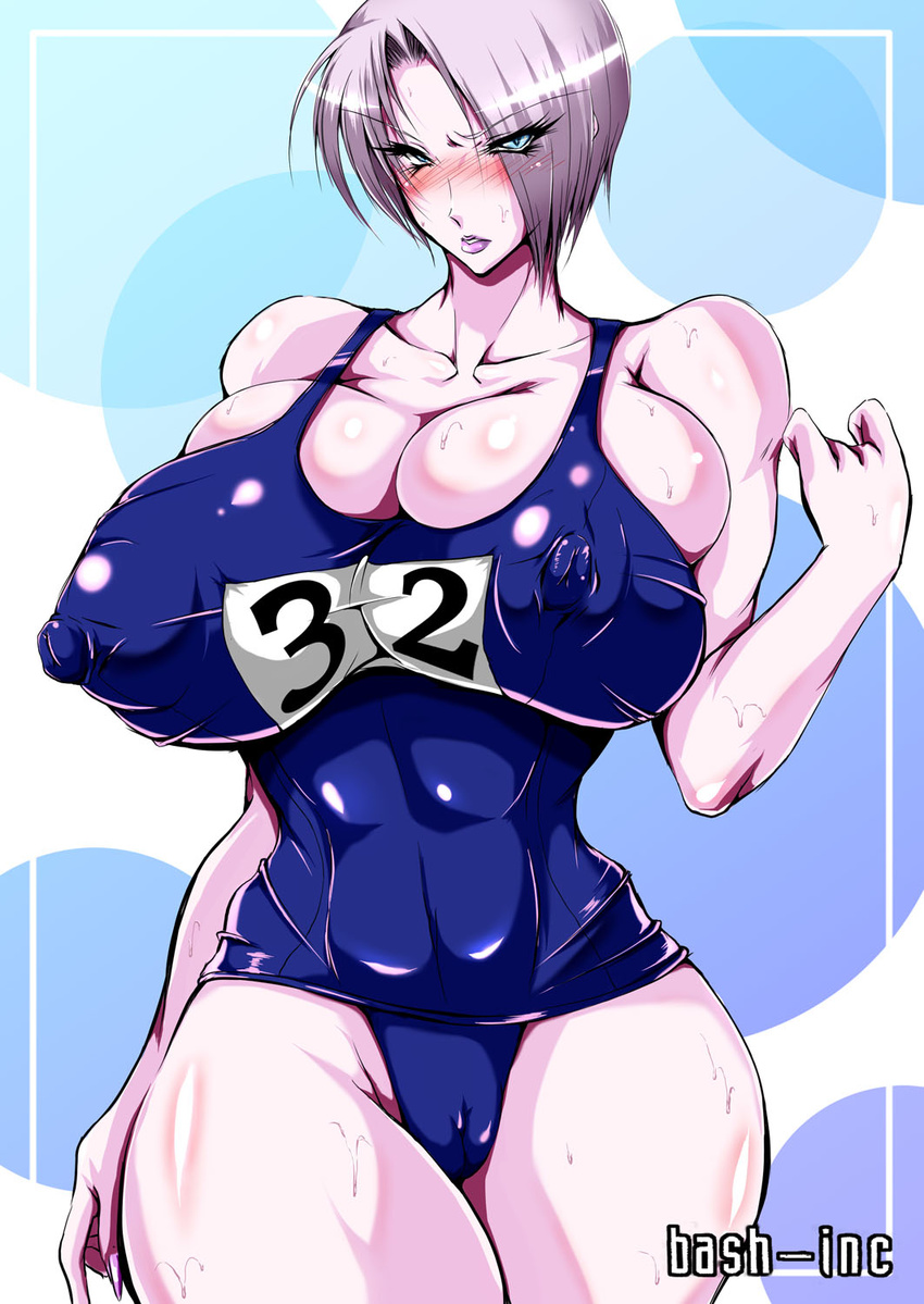 bash-inc blue_eyes blush breasts erect_nipples female gigantic_breasts highres huge_breasts isabella_valentine large_breasts lips lipstick makeup namco nipples puffy_nipples purple_lipstick short_hair soul_calibur sweat swimsuit