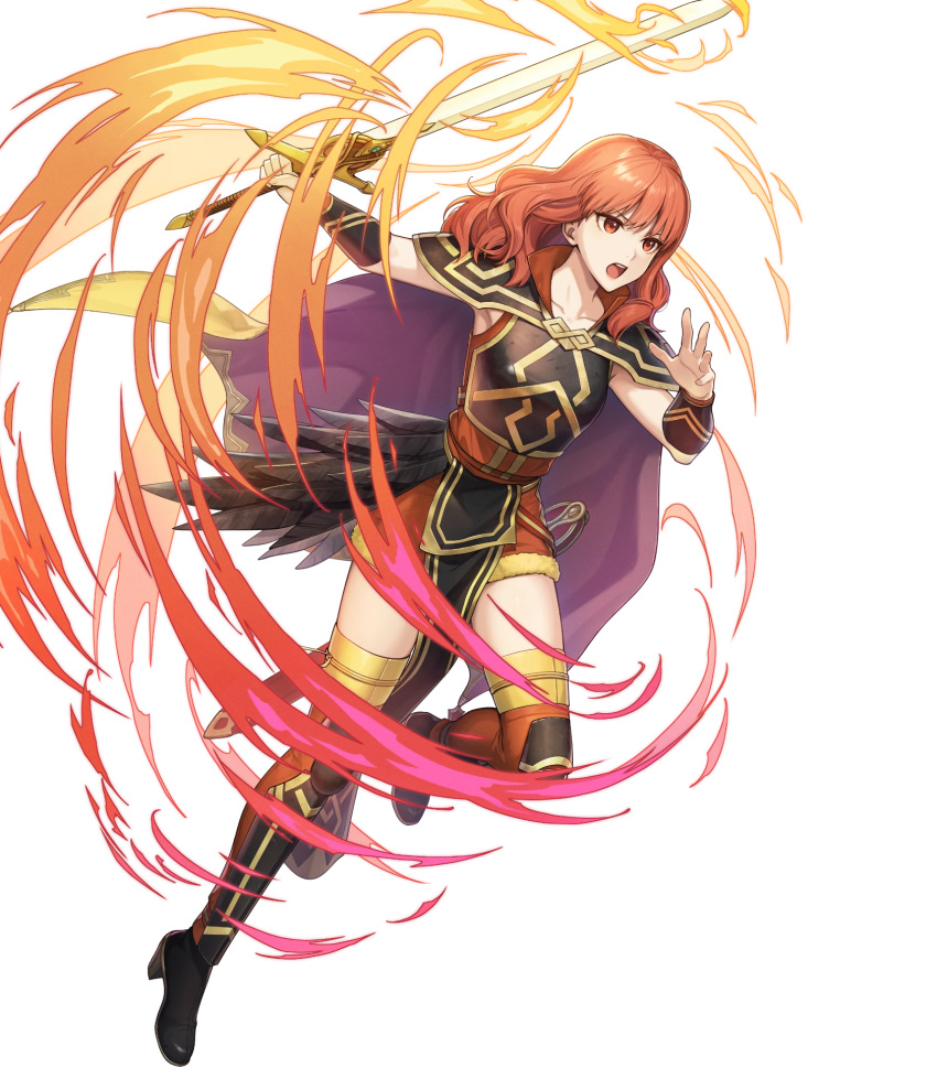1girl attack black_footwear boots breasts cape celica_(fire_emblem) celica_(warrior_princess)_(fire_emblem) celica_(warrior_princess)_(resplendent)_(fire_emblem) fire_emblem fire_emblem_echoes:_shadows_of_valentia fire_emblem_heroes glowing glowing_weapon highres holding holding_sword holding_weapon medium_breasts medium_hair non-web_source official_alternate_costume official_art open_mouth pelvic_curtain red_eyes red_hair running shoulder_pads solo sword thigh_boots wavy_hair weapon yellow_cape